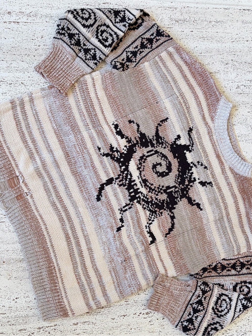 BDG Distressed Cream & Tan Striped Knit Graphic Sweater